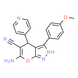 ChemSpider 2D Image | 6-Amino-3-(4-methoxyphenyl)-4-(4-pyridinyl)-2,4-dihydropyrano[2,3-c]pyrazole-5-carbonitrile | C19H15N5O2