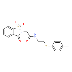 ChemSpider 2D Image | 2-(1,1-Dioxido-3-oxo-1,2-benzothiazol-2(3H)-yl)-N-{2-[(4-methylphenyl)sulfanyl]ethyl}acetamide | C18H18N2O4S2
