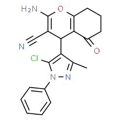 ChemSpider 2D Image | 2-Amino-4-(5-chloro-3-methyl-1-phenyl-1H-pyrazol-4-yl)-5-oxo-5,6,7,8-tetrahydro-4H-chromene-3-carbonitrile | C20H17ClN4O2