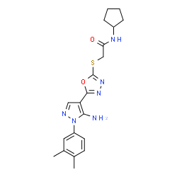 ChemSpider 2D Image | 2-({5-[5-Amino-1-(3,4-dimethylphenyl)-1H-pyrazol-4-yl]-1,3,4-oxadiazol-2-yl}sulfanyl)-N-cyclopentylacetamide | C20H24N6O2S
