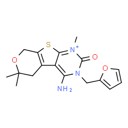 ChemSpider 2D Image | 4-Amino-3-(2-furylmethyl)-1,6,6-trimethyl-2-oxo-3,5,6,8-tetrahydro-2H-pyrano[4',3':4,5]thieno[2,3-d]pyrimidin-1-ium | C17H20N3O3S
