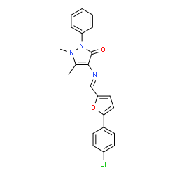 ChemSpider 2D Image | 4-({(E)-[5-(4-Chlorophenyl)-2-furyl]methylene}amino)-1,5-dimethyl-2-phenyl-1,2-dihydro-3H-pyrazol-3-one | C22H18ClN3O2
