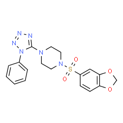 ChemSpider 2D Image | 1-(1,3-Benzodioxol-5-ylsulfonyl)-4-(1-phenyl-1H-tetrazol-5-yl)piperazine | C18H18N6O4S