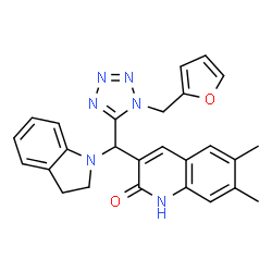 ChemSpider 2D Image | 3-{2,3-Dihydro-1H-indol-1-yl[1-(2-furylmethyl)-1H-tetrazol-5-yl]methyl}-6,7-dimethyl-2(1H)-quinolinone | C26H24N6O2