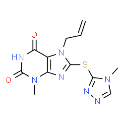 ChemSpider 2D Image | 7-Allyl-3-methyl-8-[(4-methyl-4H-1,2,4-triazol-3-yl)sulfanyl]-3,7-dihydro-1H-purine-2,6-dione | C12H13N7O2S