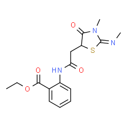 ChemSpider 2D Image | Ethyl 2-({[(2E)-3-methyl-2-(methylimino)-4-oxo-1,3-thiazolidin-5-yl]acetyl}amino)benzoate | C16H19N3O4S