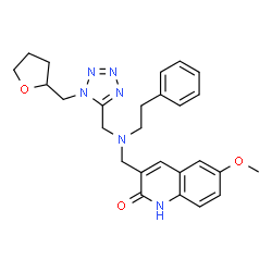 ChemSpider 2D Image | 6-methoxy-3-[[[1-(2-oxolanylmethyl)-5-tetrazolyl]methyl-(2-phenylethyl)amino]methyl]-1H-quinolin-2-one | C26H30N6O3
