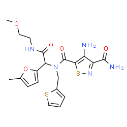 ChemSpider 2D Image | 4-amino-N5-[2-(2-methoxyethylamino)-1-(5-methyl-2-furanyl)-2-oxoethyl]-N5-(thiophen-2-ylmethyl)isothiazole-3,5-dicarboxamide | C20H23N5O5S2