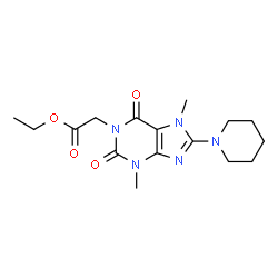 ChemSpider 2D Image | Ethyl [3,7-dimethyl-2,6-dioxo-8-(1-piperidinyl)-2,3,6,7-tetrahydro-1H-purin-1-yl]acetate | C16H23N5O4
