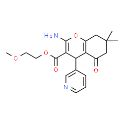 ChemSpider 2D Image | 2-Methoxyethyl 2-amino-7,7-dimethyl-5-oxo-4-(3-pyridinyl)-5,6,7,8-tetrahydro-4H-chromene-3-carboxylate | C20H24N2O5