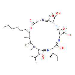 ChemSpider 2D Image | (4E,6S,7E,9S,10E,12S,13E,15S)-12-[(2R)-2-Butanyl]-19-hexyl-5,8,11,14-tetrahydroxy-6-[(1S)-1-hydroxyethyl]-9-(hydroxymethyl)-15-isobutyl-16,18-dimethyl-1-oxa-4,7,10,13,16-pentaazacyclononadeca-4,7,10,1
3-tetraene-2,17-dione | C32H57N5O9