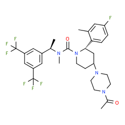 ChemSpider 2D Image | (2S)-4-(4-Acetyl-1-piperazinyl)-N-{(1R)-1-[3,5-bis(trifluoromethyl)phenyl]ethyl}-2-(4-fluoro-2-methylphenyl)-N-methyl-1-piperidinecarboxamide | C30H35F7N4O2