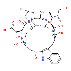 ChemSpider 2D Image | [(1S,2E,4S,11E,13S,14E,16S,29E,32E,34S,35E,38E)-34-sec-Butyl-13-[(2R,3R)-3,4-dihydroxy-2-butanyl]-2,8,11,14,30,33,36,39-octahydroxy-27-oxido-5-oxo-27-thia-3,6,12,15,25,29,32,35,38-nonaazapentacyclo[14
.12.11.0~6,10~.0~18,26~.0~19,24~]nonatriaconta-2,11,14,18(26),19,21,23,29,32,35,38-undecaen-4-yl]acetic acid | C39H53N9O14S