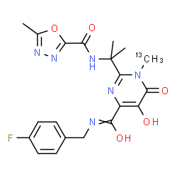 ChemSpider 2D Image | N-(4-Fluorobenzyl)-5-hydroxy-1-(~13~C)methyl-2-(2-{[(5-methyl-1,3,4-oxadiazol-2-yl)carbonyl]amino}-2-propanyl)-6-oxo-1,6-dihydro-4-pyrimidinecarboximidic acid | C1913CH21FN6O5
