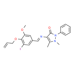 ChemSpider 2D Image | 4-{(E)-[4-(Allyloxy)-3-iodo-5-methoxybenzylidene]amino}-1,5-dimethyl-2-phenyl-1,2-dihydro-3H-pyrazol-3-one | C22H22IN3O3