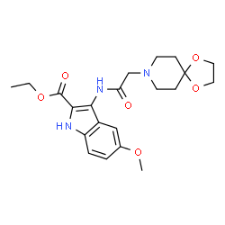ChemSpider 2D Image | Ethyl 3-[(1,4-dioxa-8-azaspiro[4.5]dec-8-ylacetyl)amino]-5-methoxy-1H-indole-2-carboxylate | C21H27N3O6