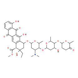 ChemSpider 2D Image | Methyl (1R)-2-ethyl-2,5,7-trihydroxy-6,11-dioxo-4-({2,3,6-trideoxy-4-O-[2,6-dideoxy-4-O-(6-methyl-5-oxotetrahydro-2H-pyran-2-yl)hexopyranosyl]-3-(dimethylamino)hexopyranosyl}oxy)-1,2,3,4,6,11-hexahydr
o-1-tetracenecarboxylate | C42H53NO15