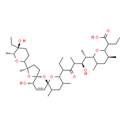 ChemSpider 2D Image | 2-{(3S)-6-[(2S,3R)-6-{(2R,5R,7S,15S)-2-[(5S,6R)-5-Ethyl-5-hydroxy-6-methyltetrahydro-2H-pyran-2-yl]-15-hydroxy-2,10,12-trimethyl-1,6,8-trioxadispiro[4.1.5.3]pentadec-13-en-9-yl}-3-hydroxy-4-methyl-5-o
xo-2-octanyl]-3,5-dimethyltetrahydro-2H-pyran-2-yl}butanoic acid | C43H72O11