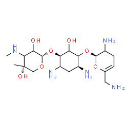 ChemSpider 2D Image | (1R,4S)-4,6-Diamino-3-{[(2R)-3-amino-6-(aminomethyl)-3,4-dihydro-2H-pyran-2-yl]oxy}-2-hydroxycyclohexyl 3-deoxy-4-C-methyl-3-(methylamino)-alpha-L-glycero-pentopyranoside | C19H37N5O7