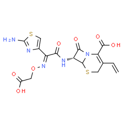 ChemSpider 2D Image | (7R)-7-({(2E)-2-(2-Amino-1,3-thiazol-4-yl)-2-[(carboxymethoxy)imino]acetyl}amino)-8-oxo-3-vinyl-5-thia-1-azabicyclo[4.2.0]oct-2-ene-2-carboxylic acid | C16H15N5O7S2