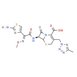 ChemSpider 2D Image | (7S)-7-{[(2E)-2-(2-Amino-1,3-thiazol-4-yl)-2-(methoxyimino)acetyl]amino}-3-[(5-methyl-2H-tetrazol-2-yl)methyl]-8-oxo-5-thia-1-azabicyclo[4.2.0]oct-2-ene-2-carboxylic acid | C16H17N9O5S2