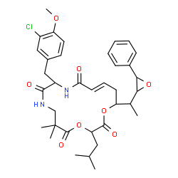 ChemSpider 2D Image | (13E)-10-(3-Chloro-4-methoxybenzyl)-3-isobutyl-6,6-dimethyl-16-[1-(3-phenyl-2-oxiranyl)ethyl]-1,4-dioxa-8,11-diazacyclohexadec-13-ene-2,5,9,12-tetrone | C36H45ClN2O8