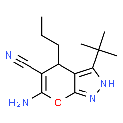 ChemSpider 2D Image | 6-Amino-3-(2-methyl-2-propanyl)-4-propyl-2,4-dihydropyrano[2,3-c]pyrazole-5-carbonitrile | C14H20N4O
