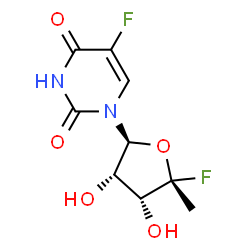 ChemSpider 2D Image | 5-Fluoro-1-[(2S,3S,4R,5R)-5-fluoro-3,4-dihydroxy-5-methyltetrahydro-2-furanyl]-2,4(1H,3H)-pyrimidinedione (non-preferred name) | C9H10F2N2O5