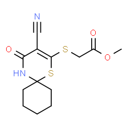 ChemSpider 2D Image | Methyl [(3-cyano-4-oxo-1-thia-5-azaspiro[5.5]undec-2-en-2-yl)sulfanyl]acetate | C13H16N2O3S2