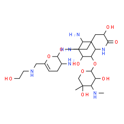 ChemSpider 2D Image | 4-Amino-N-(5-amino-4-[(3-amino-6-{[(2-hydroxyethyl)amino]methyl}-3,4-dihydro-2H-pyran-2-yl)oxy]-2-{[3-deoxy-4-C-methyl-3-(methylamino)pentopyranosyl]oxy}-3-hydroxycyclohexyl)-2-hydroxybutanamide | C25H48N6O10