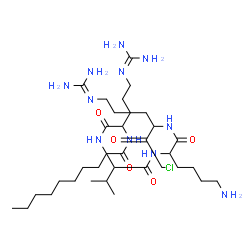 ChemSpider 2D Image | N~2~-Decanoyl-N~5~-(diaminomethylene)ornithylvalyl-N-{1-chloro-6-[(diaminomethylene)amino]-2-oxo-3-hexanyl}lysinamide | C34H66ClN11O5