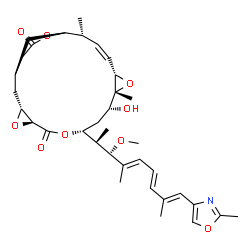 ChemSpider 2D Image | (1R,3R,5S,8R,10R,11R,13S,14Z,16R,17S)-10-Hydroxy-8-[(2R,3R,4E,6E,8E)-3-methoxy-4,8-dimethyl-9-(2-methyl-1,3-oxazol-4-yl)-4,6,8-nonatrien-2-yl]-11,16-dimethyl-4,7,12,18-tetraoxatetracyclo[15.3.1.0~3,5~
.0~11,13~]henicos-14-ene-6,19-dione | C35H47NO9