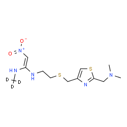 ChemSpider 2D Image | (E)-N-{2-[({2-[(Dimethylamino)methyl]-1,3-thiazol-4-yl}methyl)sulfanyl]ethyl}-N'-(~2~H_3_)methyl-2-nitro-1,1-ethenediamine | C12H18D3N5O2S2