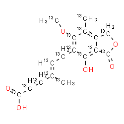 ChemSpider 2D Image | (4E)-6-[4-Hydroxy-7-(~13~C)methyl-6-[(~13~C)methyloxy]-3-oxo(~13~C_8_)-1,3-dihydro-2-benzofuran-5-yl]-4-(~13~C)methyl(~13~C_6_)-4-hexenoic acid | 13C17H20O6