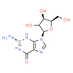 ChemSpider 2D Image | 2-(~15~N)Amino-9-[(2xi)-beta-D-threo-pentofuranosyl](2-~13~C,1-~15~N)-3,9-dihydro-6H-purin-6-one | C913CH13N315N2O5