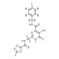 ChemSpider 2D Image | N-{[4-Fluoro(~2~H_4_)phenyl](~2~H_2_)methyl}-5-hydroxy-1-methyl-2-(2-{[(5-methyl-1,3,4-oxadiazol-2-yl)carbonyl]amino}-2-propanyl)-6-oxo-1,6-dihydro-4-pyrimidinecarboxamide | C20H15D6FN6O5