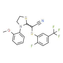 ChemSpider 2D Image | 2-[[2-Fluoro-5-(trifluoromethyl)phenyl]thio]-2-[3-(2-methoxyphenyl)-2-thiazolidinylidene]acetonitrile | C19H14F4N2OS2