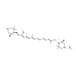 ChemSpider 2D Image | (1S,3R)-3-Hydroxy-4-{(5E,7E)-11-[4-{2-[(1S,4S,6R)-4-hydroxy-2,2,6-trimethyl-7-oxabicyclo[4.1.0]hept-1-yl]vinyl}-5-oxo-2(5H)-furanylidene]-3,10-dimethyl-1,3,5,7,9-undecapentaen-1-ylidene}-3,5,5-trimeth
ylcyclohexyl acetate | C39H50O7