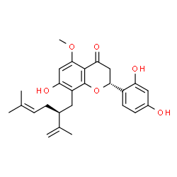 ChemSpider 2D Image | (2R)-2-(2,4-Dihydroxyphenyl)-7-hydroxy-8-[(2S)-2-isopropenyl-5-methyl-4-hexen-1-yl]-5-methoxy-2,3-dihydro-4H-chromen-4-one | C26H30O6