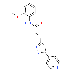 ChemSpider 2D Image | N-(2-Methoxyphenyl)-2-{[5-(4-pyridinyl)-1,3,4-oxadiazol-2-yl]sulfanyl}acetamide | C16H14N4O3S