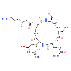 ChemSpider 2D Image | (3R)-3,6-Diamino-N-[(3R,9S,12S,15S)-6-[(carbamoylamino)methylene]-3-[(4S,6S)-6-hydroxy-2-iminohexahydro-4-pyrimidinyl]-9,12-bis(hydroxymethyl)-2,5,8,11,14-pentaoxo-1,4,7,10,13-pentaazacyclohexadecan-1
5-yl]hexanamide | C25H43N13O10