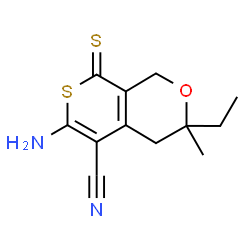 ChemSpider 2D Image | 6-Amino-3-ethyl-3-methyl-8-thioxo-4,8-dihydro-1H,3H-thiopyrano[3,4-c]pyran-5-carbonitrile | C12H14N2OS2