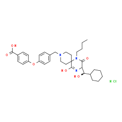 ChemSpider 2D Image | 4-[4-({1-Butyl-3-[(R)-cyclohexyl(hydroxy)methyl]-5-hydroxy-2-oxo-1,4,9-triazaspiro[5.5]undec-4-en-9-yl}methyl)phenoxy]benzoic acid hydrochloride (1:1) | C33H44ClN3O6