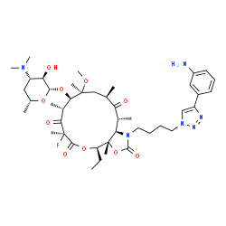 ChemSpider 2D Image | (3aS,4R,7S,9R,10R,11S,13R,15R,15aR)-1-{4-[4-(3-Aminophenyl)-1H-1,2,3-triazol-1-yl]butyl}-4-ethyl-7-fluoro-11-methoxy-3a,7,9,11,13,15-hexamethyl-2,6,8,14-tetraoxotetradecahydro-2H-oxacyclotetradecino[4
,3-d][1,3]oxazol-10-yl 3,4,6-trideoxy-3-(dimethylamino)-beta-D-xylo-hexopyranoside | C43H65FN6O10
