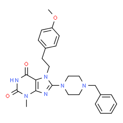 ChemSpider 2D Image | 8-(4-Benzyl-1-piperazinyl)-7-[2-(4-methoxyphenyl)ethyl]-3-methyl-3,7-dihydro-1H-purine-2,6-dione | C26H30N6O3