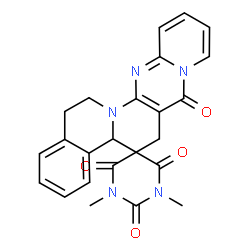 ChemSpider 2D Image | 1',3'-Dimethyl-15,16-dihydro-2'H,4bH,6H,7H-spiro[pyrido[1'',2'':1',2']pyrimido[5',4':5,6]pyrido[2,1-a]isoquinoline-5,5'-pyrimidine]-2',4',6',7(1'H,3'H)-tetrone | C24H21N5O4