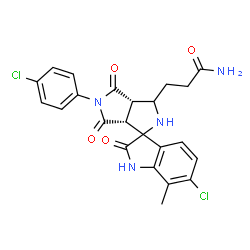 ChemSpider 2D Image | 3-[(3aR,6aS)-6'-chloro-5-(4-chlorophenyl)-7'-methyl-2',4,6-trioxo-1-spiro[1,2,3a,6a-tetrahydropyrrolo[3,4-c]pyrrole-3,3'-1H-indole]yl]propanamide | C23H20Cl2N4O4