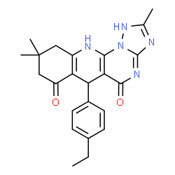 ChemSpider 2D Image | 6-(4-Ethylphenyl)-2,9,9-trimethyl-6,9,10,11-tetrahydro[1,2,4]triazolo[5',1':2,3]pyrimido[4,5-b]quinoline-5,7(1H,8H)-dione | C23H25N5O2