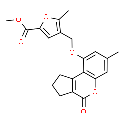 ChemSpider 2D Image | Methyl 5-methyl-4-{[(7-methyl-4-oxo-1,2,3,4-tetrahydrocyclopenta[c]chromen-9-yl)oxy]methyl}-2-furoate | C21H20O6
