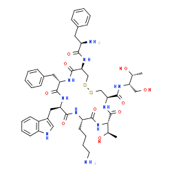 ChemSpider 2D Image | (4R,7S,10S,13R,16S,19R)-10-(4-Aminobutyl)-16-benzyl-N-[(2S,3R)-1,3-dihydroxy-2-butanyl]-7-[(1R)-1-hydroxyethyl]-13-(1H-indol-3-ylmethyl)-6,9,12,15,18-pentaoxo-19-(D-phenylalanylamino)-1,2-dithia-5,8,1
1,14,17-pentaazacycloicosane-4-carboxamide | C49H66N10O10S2